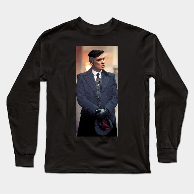 Thomas Shelby emotionally, with leather gloves and a hat, stands well dressed in his blue coat as abstract art Long Sleeve T-Shirt by ComicPrint